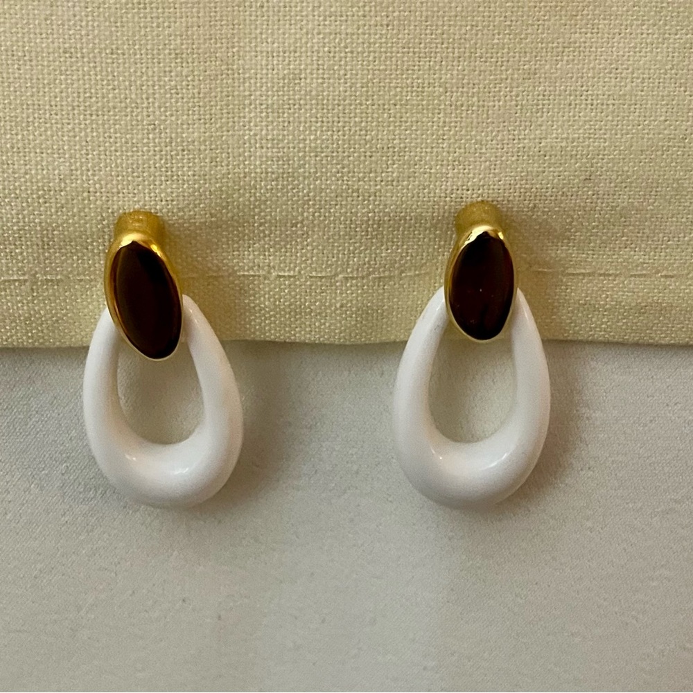 White Enamel and Gold Hoop Earrings